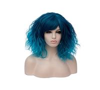 CLOCOLOR Perruque De Femme Court Bouclés 35CM Cheveux Synthétique Naturelle Fragments Obliques Perruque Deguisement pour Party Fete de la Musique Cosplay Costume Bleu