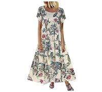 Clode Womens Short Sleeve Cotton Linen Dress Summer Crew Neck Floral Print Loose Fit Dresses Casual Going Out Dress for Holiday Party Beach B-252
