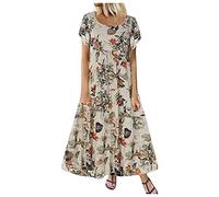 Clode Womens Short Sleeve Cotton Linen Dress Summer Crew Neck Floral Print Loose Fit Dresses Casual Going Out Dress for Holiday Party Beach B-252