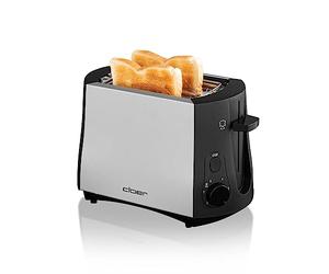 Cloer 3410 Grille-Pain pour 2 tranches de toast, support pour petits pains intégré, Élevateur de tranches de pain, Tiroir à miette, 825 W, Boîtier métallique laqué argent
