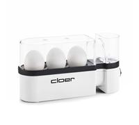 Cloer 6021 Cuiseur à Œufs pour jusqu‘a 3 oeufs, Information acoustique quand prêt, Verre mesureur avec pique-oeuf integré dans le couvercle, Porteur pour les oeufs amovible, 300 W, blanc
