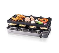 Cloer 6458 Raclette gril avec plaque en aluminium moulé sous pression, 8 poêlons à raclette antiadhésifs, spatule en plastique, emplacement de stationnement non chauffé, 1200 W, aluminium