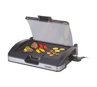 Cloer 6725 Grille de barbecue, Grill de table avec couvercle en verre, revêtement antiadhésif, plaque á griller: 29 cm x 39 cm grille de barbecue, 2200 W, argent, noir