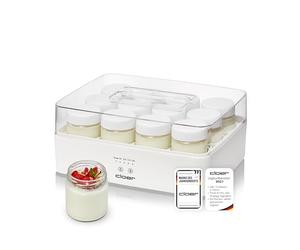 Cloer 9921 Yaourtière pour 12 pots, chacun 150 ml de capacité, pour yaourts et ferments, minuterie, 8 à 14 heures, boîtier en plastique blanc, 17 W, couvercle transparent
