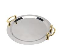 Cloimei Plateau de service en acier inoxydable 304, finition miroir élégante, poignée dorée, durable, antirouille, facile à nettoyer, plateau de service pour restaurants, hôtels, b (Rond (diamètre