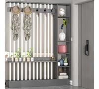 Cloison de séparation moderne en bois avec porte-manteau et armoire, paravent de séparation pour entrée, hall d'entrée, design élégant gris et blanc, 140 cm en bois massif