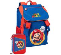 Clondo Ensemble d'école 2 pièces pour fan de Super Mario - Sac à dos d'école primaire enfant + trousse à 3 compartiments complet (45 accessoires)