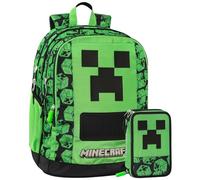 Clondo Schoolpack Sac à dos avec étui à 3 compartiments, école et loisirs, enfants et garçons, multizip, marqueurs, crayons, accessoires, enfant, Minecraft Vert, Grande, Sac à dos avec trousse