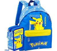 Clondo Schoolpack Sac à dos avec étui à 3 compartiments, école et loisirs, enfants et garçons, multizip, marqueurs, crayons, accessoires, enfant, Poke bleu, L