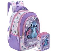 Clondo Schoolpack Sac à dos avec trousse à 3 compartiments, pour l'école et les loisirs, pour enfants et adolescents, fermeture éclair, feutres, crayons, accessoires, enfant, fille, Stitch World 26