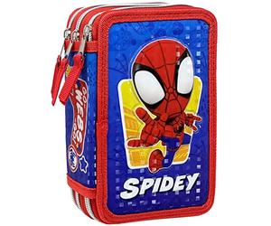 Clondo Spiderman Spidey Trousse Garçon, Étui Triple rempli Enfants, 44 Accessoires d'École Primaire, avec Crayons et Feutres, 20 Centimètres, 3 Fermetures Éclair, Compartiments Organisés, Superhéros