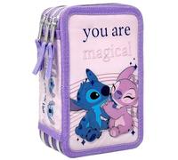 Clondo Trousse 3 Compartiments 3D Enfants, pour Stitch et Angel Fans, Triple Remplissage, 44 Accessoires École Fille, 3 Fermetures Éclair, 20cm, Feutres, Crayons, Papeterie