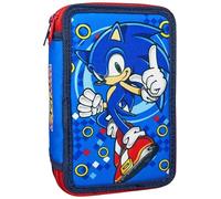 Clondo Trousse à 3 compartiments complet, pour Sonic Fan, 44 pièces, stylos, crayons, marqueurs, crayons, ciseaux - école primaire et cadeau - gadget officiel pour enfant
