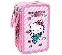 Clondo Trousse d'école 3 compartiments pour enfants, 44 pièces, effet 3D avec personnages, 20 x 12 x 7 cm, kit de papeterie triple trousse primaire et primaire, 6 ans et plus, Hello Kitty 26