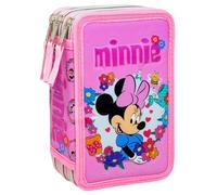 Clondo Trousse d'école 3 compartiments pour enfants, 44 pièces, effet 3D avec personnages, 20 x 12 x 7 cm, kit de papeterie triple trousse primaire et primaire, 6 ans et plus, Minnie 26