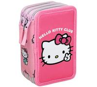 Clondo Trousse Scolaire Complète - 44 Pièces pour Fan de Hello Kitty - Kit Créatif Triple Compartiment avec Feutres, Crayons, Règle - Idée Cadeau Fille - Rose