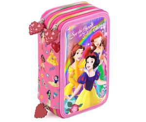 Clondo Trousse Scolaire Complète 45 Pièces pour Fan de Disney Princesse - Kit Créatif Triple Compartiment avec Stylos Gel Effaçables, Crayons 4.0 mm, Feutres - Idée Cadeau Fille Rose