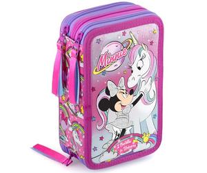 Clondo Trousse Scolaire Complète 45 Pièces pour Fan de Minnie avec Licorne - Kit Créatif Triple Compartiment avec Ciseaux, Crayons, Feutres - Idée Cadeau Fille Rose et Violet