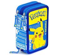 Clondo Trousse Scolaire Complète 45 Pièces pour Fan de Pokemon - Kit Créatif Triple Compartiment avec Stylos Gel Effaçables, Crayons 4.0 mm, Feutres - Idée Cadeau Bleu et Jaune