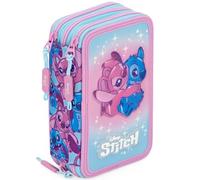 Clondo Trousse scolaire complète à 3 compartiments - 46 accessoires pour enfants - Kit de papeterie avec 3 stylos gel effaçables, marqueurs, crayons, colle, surligneur, gadget officiel, Stitch 26
