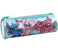 Clondo Trousse Scolaire Ronde pour Enfant - pour Fan de Stitch et Angel - Étui Bleu 21x8 cm avec Fermeture éclair - Cadeau pour Fille - école Primaire (CP à 6e)