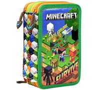 Clondo Trousse Triple Garnie, Pour Fans de Minecraft et Enfants, 45 Accessoires Scolaires, 3 Fermetures Éclair, Compartiments Organisés, Stylos Gel Effaçables Bleu et Rouge
