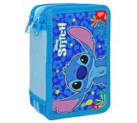 Clondo Trousse triple pour enfants, garçons et filles, 44 accessoires scolaires, 3 fermetures éclair, crayons de couleur, feutres, ciseaux, Stitch Pin, Thème de dessin animé, polyester, fermeture