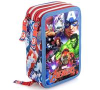 Clondo Trousse Triple Remplie Enfant, pour Avengers Fan, 45 Accessoires Scolaires, 3 Fermetures Éclair, Compartiments Organisés, Crayons de Couleur, Feutres, Colle, Ciseaux