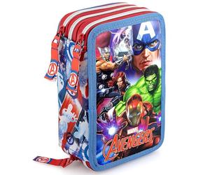 Clondo Trousse Triple Remplie Enfant, pour Avengers Fan, 45 Accessoires Scolaires, 3 Fermetures Éclair, Compartiments Organisés, Crayons de Couleur, Feutres, Colle, Ciseaux