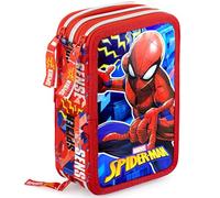 Clondo Trousse Triple Remplie Enfant, pour Spiderman Fan, 45 Accessoires Scolaires, 3 Fermetures Éclair, Compartiments Organisés, Crayons de Couleur, Feutres, Colle, Ciseaux
