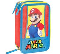 Clondo Trousse Triple Remplie Enfants, pour Super Mario Fan, 45 Accessoires Scolaires, 3 Fermetures Éclair, Compartiments Organisés, Crayons de Couleur, Feutres, Ciseaux