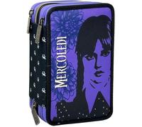 Clondo Trousse Triple Remplie Enfants, pour Wednesday Mercredi Addams Fans, 44 Accessoires Scolaires, 3 Fermetures Éclair, Compartiments Organisés, Crayons de Couleur, Feutres, Ciseaux, Fille