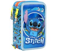 Clondo Trousse Triple Remplie pour Filles, pour Stitch Fans, 44 Accessoires Scolaires, 3 Fermetures Éclair, Compartiments Organisés, Crayons de Couleur, Feutres, Ciseaux