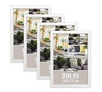 Close Up Lot de 4 cadres photo, format A5 (14,8 x 21 cm), décor bois (MDF), blancs, avec paroi arrière et support, vitre en PVC (incassable), largeur du profil 15 mm