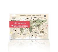 Close Up Mon grand monde coloré - Variante beige - Carte du monde personnalisée pour enfant avec nom, carte du monde XL, poster éducatif avec animaux, 61 x 91,5 cm