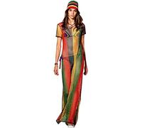 Clossy London Robe rasta jamaïcaine 100 % coton égyptien pour femme avec cordon en maille filet fendue transparente Multicolore Noir Rouge Vert Jaune Hip Hop Danse Club - - XS