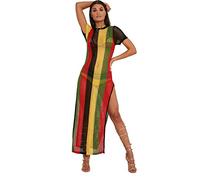 Clossy London Robe Rasta jamaïcaine 100% Coton, Robe Fendue en Maille Transparente pour Femmes, Multicolore, Noir, Rouge, Vert, Jaune, Style Hip-hop, idéale pour boîte de Nuit, Style Work Work