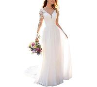 Clothfun Robe de mariée en dentelle sirène pour femme avec manches - Blanc - 38