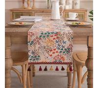 Clothfuna Chemin de table à manger à fleurs printanières, style vintage, motif floral coloré avec glands pour fête, vacances, extérieur, 33 x 220 cm
