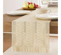 Clothfuna Chemin de table en lin de style bohème rustique pour table basse, buffet, coiffeuse, décoration de coiffeuse, beige, 30 x 220 cm