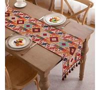 Clothfuna Chemin de table géométrique en jacquard - Vintage Boho - Style marocain - Automne - Orange - Avec pompons - Pour table à manger, fête, vacances en plein air - 33 x 160 cm