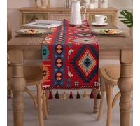 Clothfuna Chemin de table géométrique jacquard - Style vintage bohème - Style marocain - Avec pompons - Pour table à manger, fête, vacances en plein air - 33 x 160 cm - Rouge