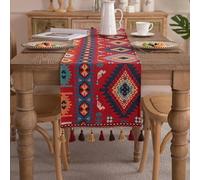 Clothfuna Chemin de table géométrique jacquard vintage bohème en coton mélangé avec glands pour table à manger, fête, vacances, extérieur (33 x 160 cm)