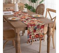 Clothfuna Chemin de table jacquard en mélange de coton mélangé - Style bohème vintage - Avec pompons - Pour table à manger, fête, vacances en extérieur - Motif floral vintage 2 - 33 x 350 cm
