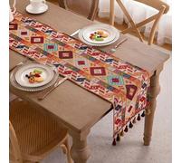 Clothfuna Chemins de table jacquard pour table à manger, chemin de table bohème vintage, style bohémien automne orange avec glands pour table à manger fête vacances extérieur, 33x275 cm/ 13x108 pouces