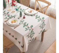 Clothfuna Nappe de Noël rectangulaire, nappe de Noël, feuilles de houx, nappe de table blanche en coton et lin avec inscription « Merry Christmas » pour fête, vacances, table à manger, 140 x 200 cm