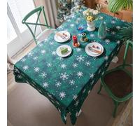 Clothfuna Nappe de Noël verte, nappe rectangulaire blanche en coton et lin, motif flocon de neige pour fête, vacances, table à manger, 140 x 220 cm