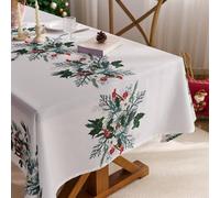 Clothfuna Nappe rectangulaire de Noël facile à nettoyer, feuilles de houx et fleurs, nappe de table de Noël imperméable, motif bouquet de houx pour table à manger, fête, 140 x 250 cm/ 55x98 pouces