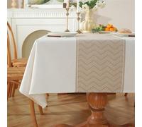 Clothfuna Nappe rectangulaire en lin, Beige Jacquard, nappe de table en coton avec rayures et motif ondulé pour table à manger, fête d'anniversaire, 135x240 cm / 53x94 pouces