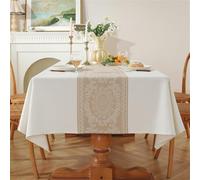 Clothfuna Nappe rectangulaire en lin, Beige Jacquard, nappe de table florale pour café, pour table de fête d'anniversaire, 135x300 cm / 53x118 pouces